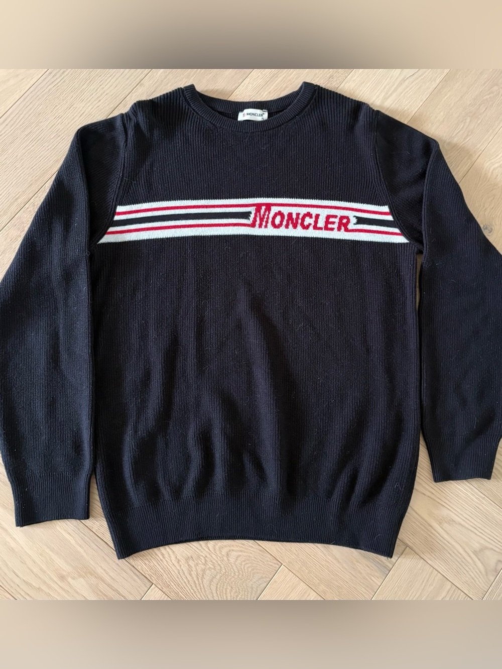MONCLER Maglione Tricot Girocollo Stripe Logo Cardigan Pullover Sweater Black